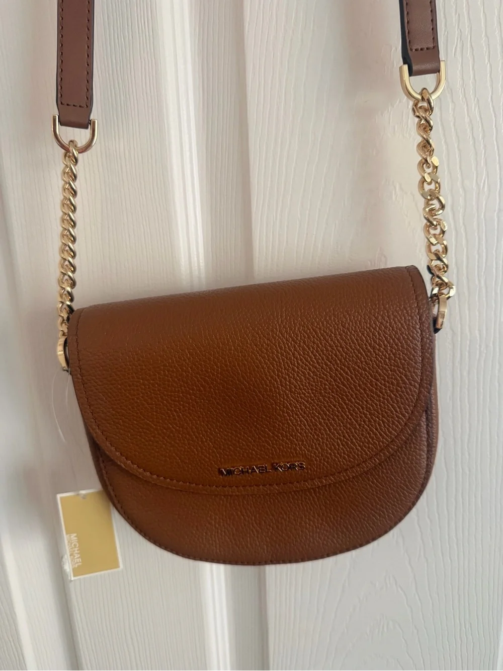 Michael Kors Half Dome Brown Leather Crossbody Saddle Bag with Gold Chain Strap